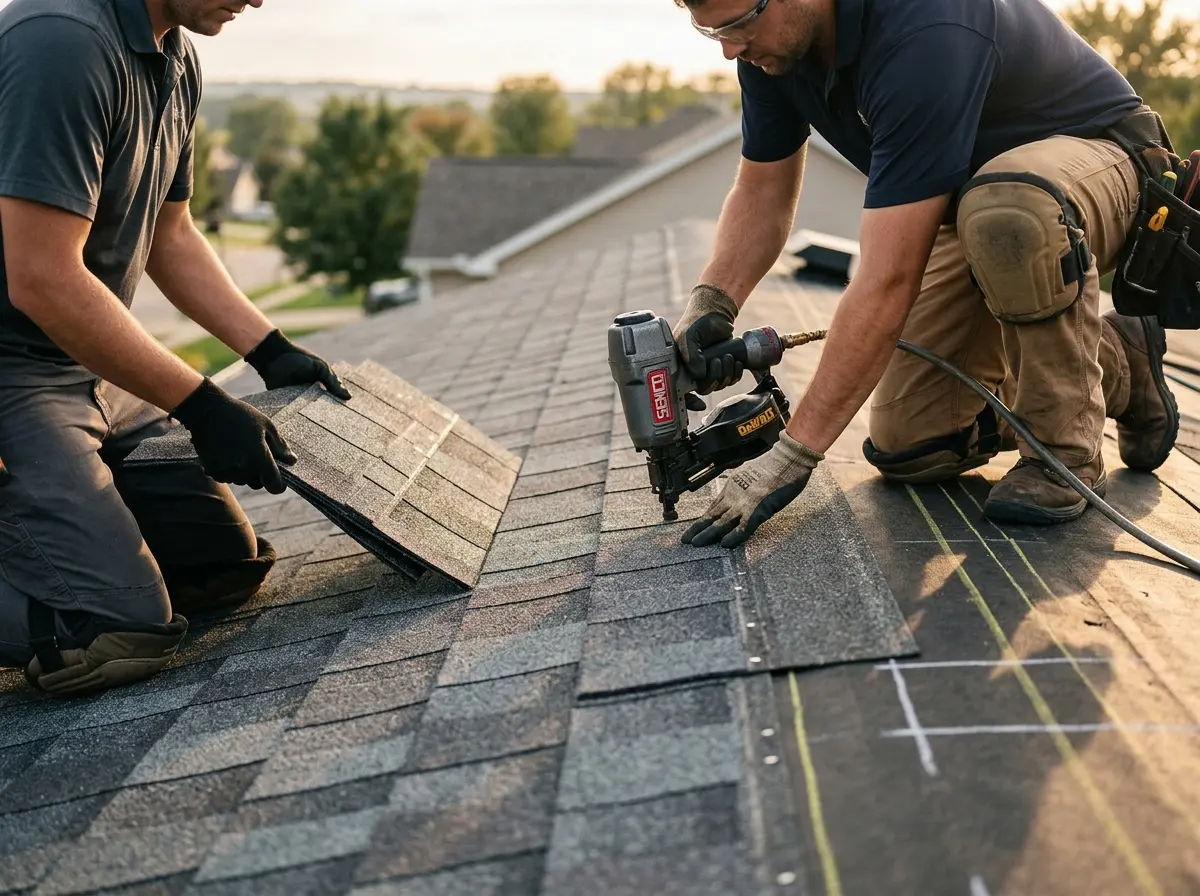 Professional roofer working on a residential roof in Cherry Valley